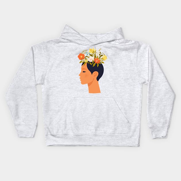 Woman with closed eyes and flowers on head Kids Hoodie by angelina_bambina